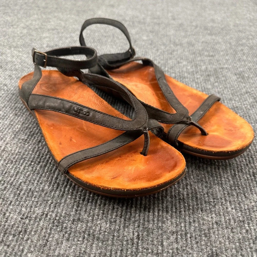 Chaco Maya II Sandals Women 8 Leather Strappy Thong Black Casual Summer